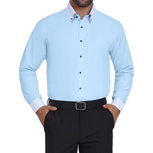 Contrasting Colors Collar Long Sleeve Formal Business Shirts Light Blue